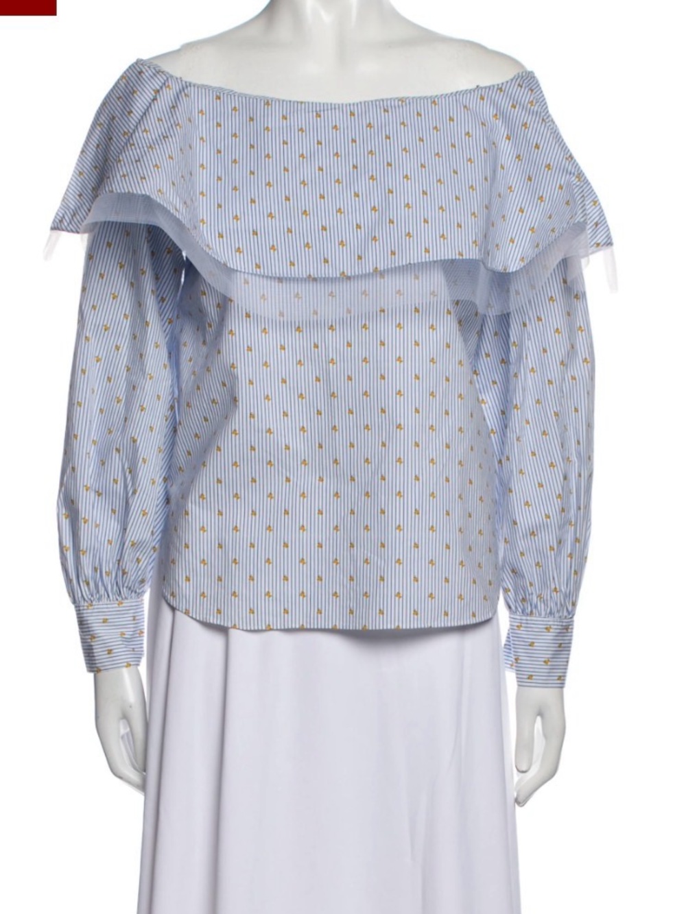 Silvia Tcherassi Light Blue and Yellow Off-Shoulder Ruffle Blouse